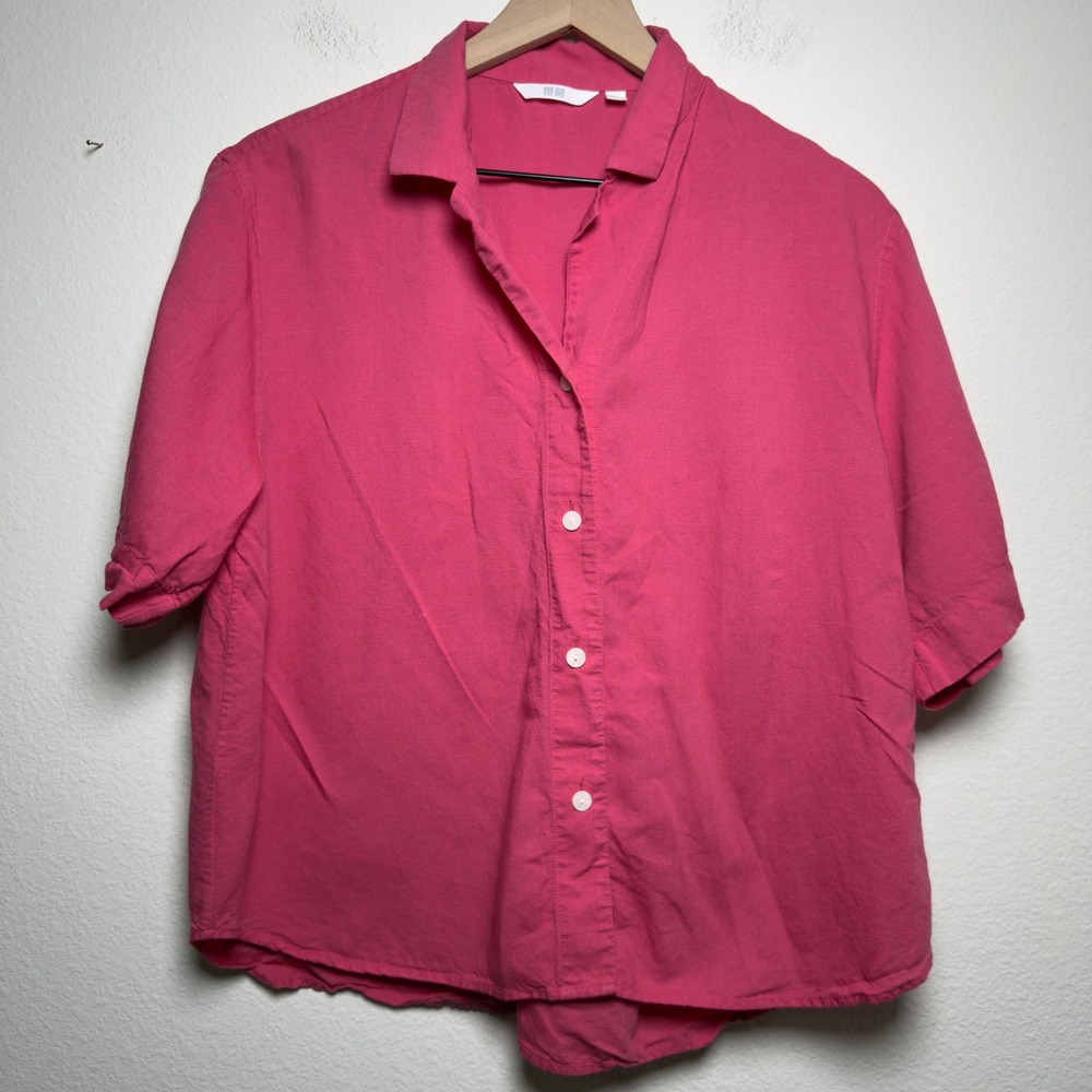 Uniqlo Women Linen Cotton Button Front Top Large Pink Minimalist Parisian Summer